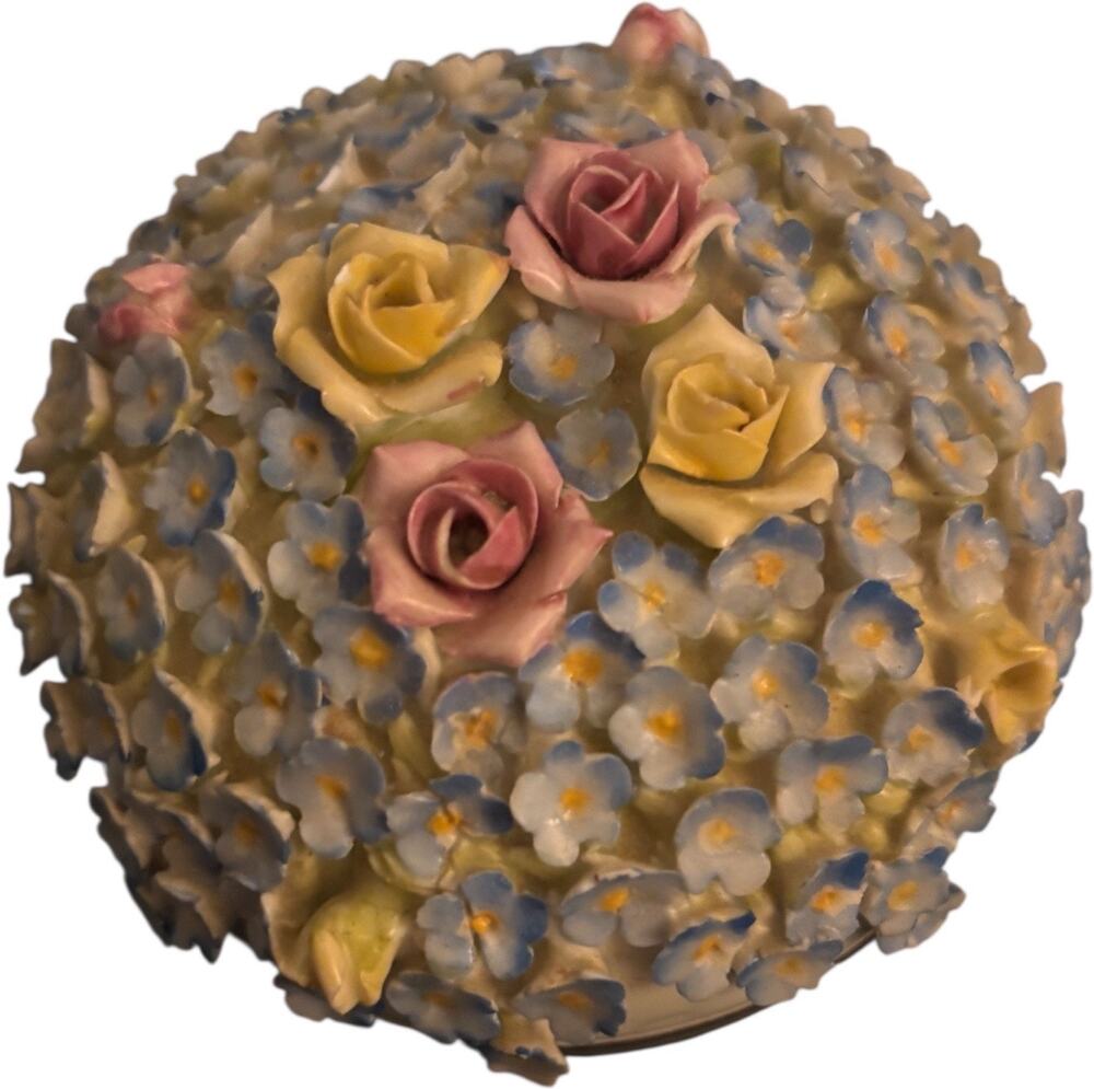 Vintage Elfinware Porcelain Round Mini Trinket Box Forget Me Nots & Roses